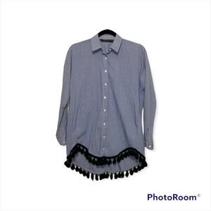 ZARA Woman Blue and White Striped Button Down Blouse with Tassels Size XS